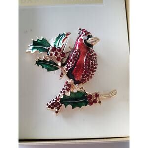 Vintage Dana Buchanan Red Cardinal Mistletoe Brooch